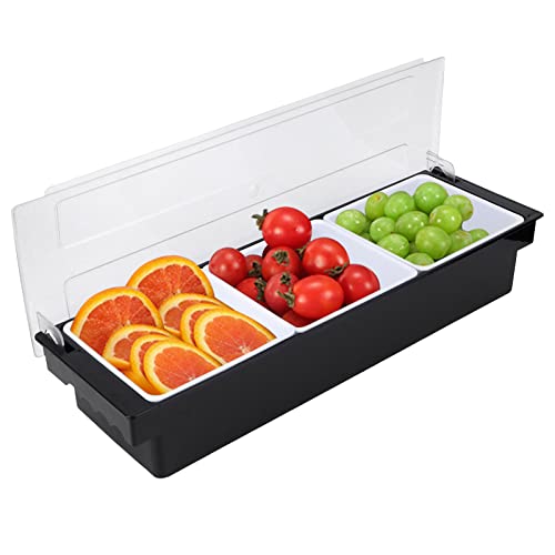Food & Condiment Dispenser mit Deckel, Plastic Bar Garnish Station Dispenser Tray zum Servieren von Taco/Eis/Obst/Salat Bar(3 Compartment)