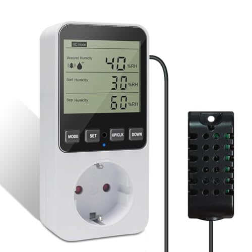 Digitaler Temperaturregler 230V mit Fühler, Feuchtigkeitsregler Temperaturregler, Hygrostat Steckdose, Digitaler Hygrostat Feuchteregler mit Alarm