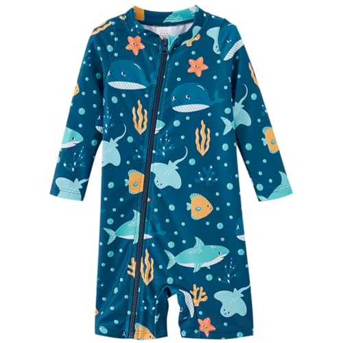 UMELOK Baby Schwimmanzug Jungen UV-Schutz 50+ Mit Reißverschluss einfaches Anziehen Langarm Schnelltrocknender Badeanzug One Piece Für Schwimmkurs, Strand & Pool Hai 74/80