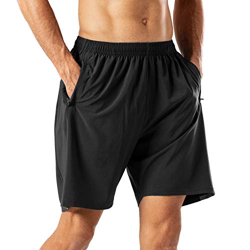 HMIYA Herren Sport Shorts Schnell Trocknend Kurze Hose mit Reißverschlusstasch (Schwarz,M)