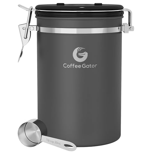 Coffee Gator Aromadichte Kaffeedose Aufbewahrungsbehälter mit CO2 Ventil und Magnetischem Dosierlöffel (Grey, Large)