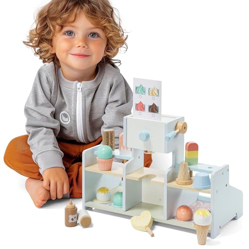 Navaris Spielzeug Eisdiele - Spielzeug Kaufladen - Spielzeug EIS-Geschäft - Küchenzubehör für Kinder - Montessori Holzspielzeug Kinder - Eisdiele Kinder Holz - Einkaufsladen