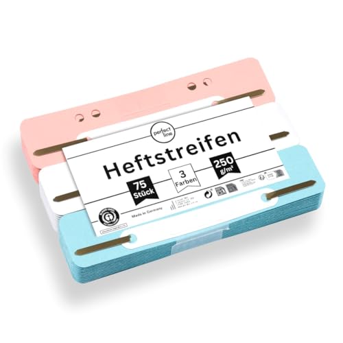perfect line - 75 Heftstreifen Pappe, recycling Karton, 250 g/m², 3 Farben (Weiß, Rosa, Hellblau), Made in Germany, Heftlaschen Blauer Engel zertifiziert
