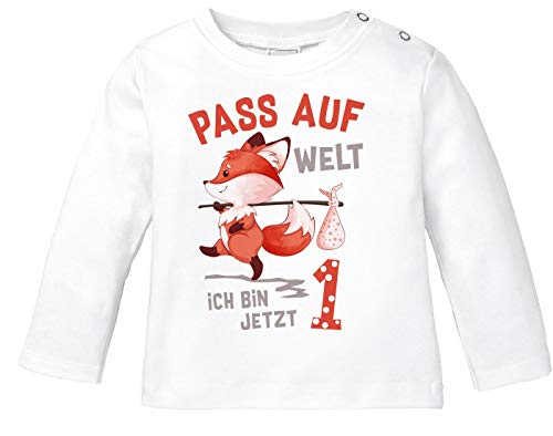 MoonWorks® Baby Langarm-Shirt 1. Geburtstag Pass auf Welt ich Bin jetzt 1 2 Fuchs Geburtstagsshirt Bio-Baumwolle 1 weiß 80/86 (10-15 Monate)
