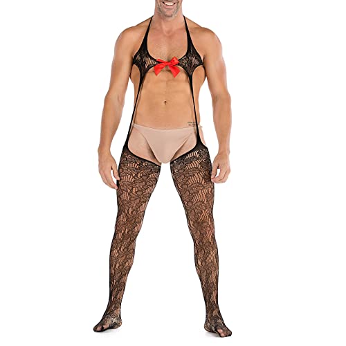 Nachthemd Satin Damen Reizwäsche Sexy Dessous Durchsichtiger Nachtclub-Pyjama mit Schleife und hohem für Herren aus Netzstoff Strümpfe Für Strapshalter Valentinstag Dessous (Black, One Size)