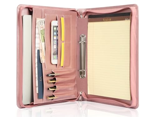 Calfinder Ringbuchmappe a4, 2 Ringbinder Aktenmappe a4 mit Reißverschluss, PU Leder Konferenzmappe Planer mit A4 Klemmbrett/Block, Dokumentenmappe Organizer, Geschenk für Damen/Frau, Rosegold