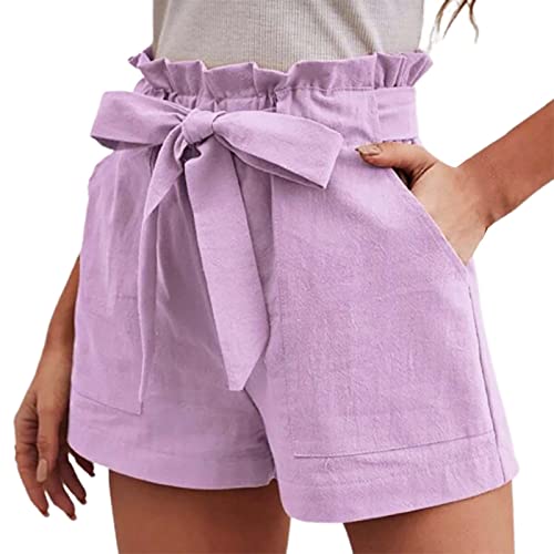 Herren Retro Shorts bequem, mit Schnürung, elastischer Taille, Sommer, Taschen, Baumwolle Leinen, weitem Bein Lauf Kurz(Lila,L)