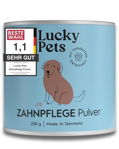 Lucky Pets Zahnpflege Pulver für Hunde TESTSIEGER I Zahnsteinentferner Hund I Natürliche Zahnreinigung Hund gegen Mundgeruch & Zahnstein I Zahnpflege Hund I 250 g I Made in Germany