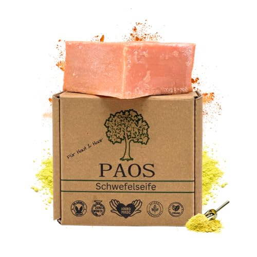 PAOS Schwefelseife, Naturseife, Akneseife, Haarseife, ca.150g Naturprodukt, Keine chemischen Zusätze, Schwefel empfohlen bei Akne, Pickel, Haarverlust und Neurodermitis