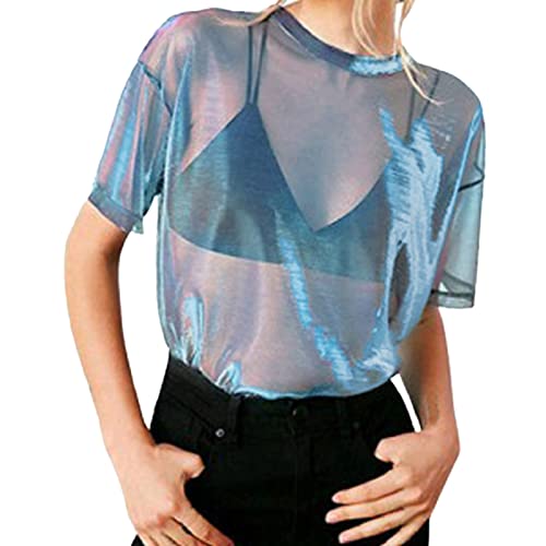 Mesh-Tops für Frauen, durchsichtige Bluse, sexy Clubwear, Party-Shirts Trompetenärmel (Blue, S)