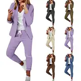 Hosenanzug Damen Festlich Elegant 2 Teilig Business Casual Anzüge Set Zweiteiler Einfarbig Langarm AnzugBlazer Elastischer Bund Hose Festlich Hosenanzüge Slimfit Sportlich Freizeitanzug Streetwear