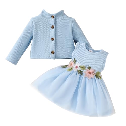 WYTbaby Baby Mädchen Kleid und Strickjacke Herbst Baby Kleid Set, Floral Print Ärmelloses Kleider Outfits für Baby Mädchen 2-3 Jahre,Blau
