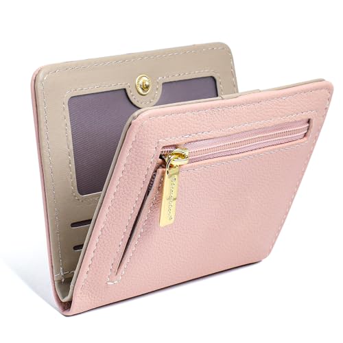 Damen Geldbeutel Klein mit RFID-Schutz, Mini Portemonnaie aus Weichem PU-Leder, Stylisches Design mit Druck, leicht & praktisch für Alltag und Reise (Altrosa)