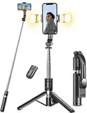 Selfie Stick Stativ mit 2 Fülllicht, 114cm Verbessertem Stabil Handy Stative mit Abnehmbarer Fernbedienung, Stativ für Smartphone Kompatibel mit iPhone Samsung & Android Smartphones