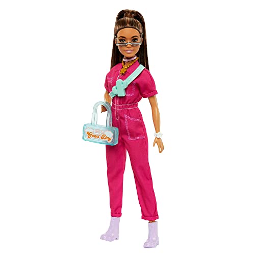 Barbie Fashionista - Puppe in pinkem Jumpsuit mit Accessoires und Welpen für Styling-Spaß und Geschichtenerzählen, braune Haare mit Pony, für Kinder ab 3 Jahren, HPL76