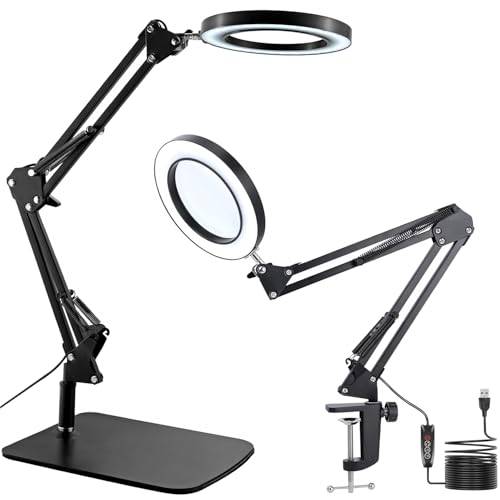 15-fache Lupe mit Licht, Tischlampe mit Ständer und Klemme, 2-in-1-LED-Schreibtischlampe mit Lupe, 3 Farbmodi, 72 LEDs, Echtglaslinse für Naharbeiten, Handwerk, Hobby, Malen, Lesen, Reparatur