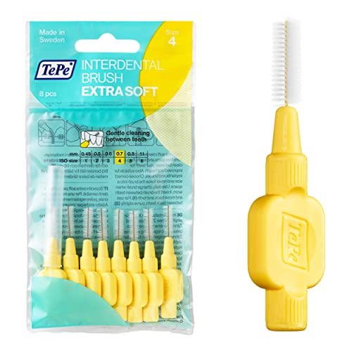 TePe Interdentalbürste, Extra Soft, Gelb, 0,7 mm/ISO 4, 8 Stk., Plaque-Entfernung, effiziente Reinigung der Zahnzwischenräume, für mittelgroße Lücken