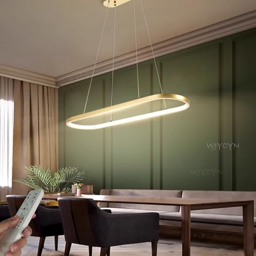 WJYCYN Dimmbar Oval LED Kronleuchter Pendelleuchte moderner Esstisch Büro mit Fernbedienung ring Hängelampe höhenverstellbar Blendfreesszimmer Arbeitszimmer Wohnzimmer Kücheleuchte B:Gold L70cm 30W