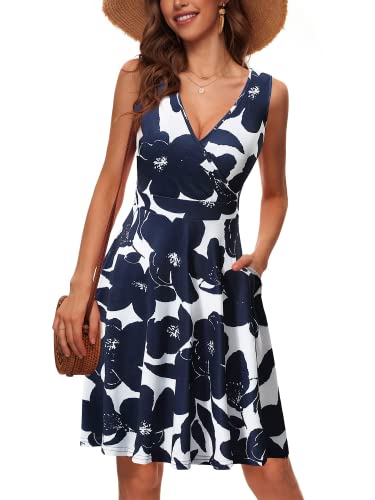 CLOUSPO Damen Sommerkleid Sommer Ärmellos Strandkleid mit V Ausschnitt Elegant Kleid Knielang Tankkleid für Strand(Blau Blumen, L)
