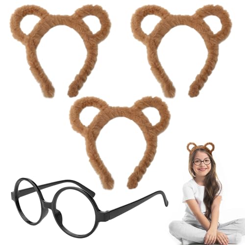 DAWRIS Streifenhörnchen-Set, 3 Stück Streifenhörnchen-Stirnbänder und Brille, Bärenohr-Stirnbänder, niedliche Cartoon-Ohr-Stirnbänder, braune Ohren, Stirnband, Halloween, Geburtstag, Party, Cosplay,