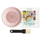 evergrate Keramikreibe Motiv Rosé mit Küchenpinsel und Rezeptheft