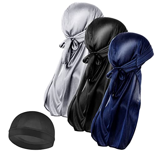 Molain Herren 3 Stück Seidenwellen Kappe und 1 Stück seidige Durag Kappen mit langem Schwanz elastische Durags weich atmungsaktiv seidig gewellt perfekt für 360/720 Wellen Schwarz Silber Marineblau