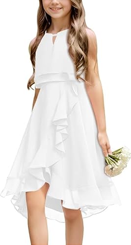 Haloumoning Mädchen Kleider Sommer Festlich Kleid Ärmellos Prinzessin Partykleid Brautjungfern Tanzen Ball Hochzeits Blumenmädchenkleid Weiß 150