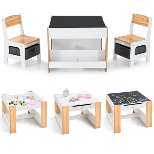 Baby Vivo Kindersitzgruppe Kindertisch Maltisch - Kindertischgruppe mit Stauraum und Bücherablage an 2 Seiten - Kindermöbel Kinderzimmer Set mit multifunktionalem Tisch und 2 Stühlen aus Holz - Mia