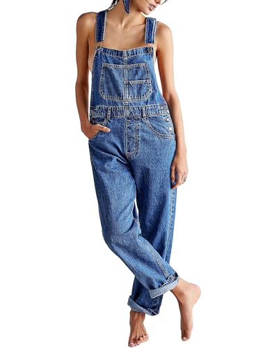Damen Retro Denim Overalls Casual Straight Wide Leg Bib Jeans Verstellbare Träger Loose Fit Baggy Jumpsuit, A-a-a-blue, L