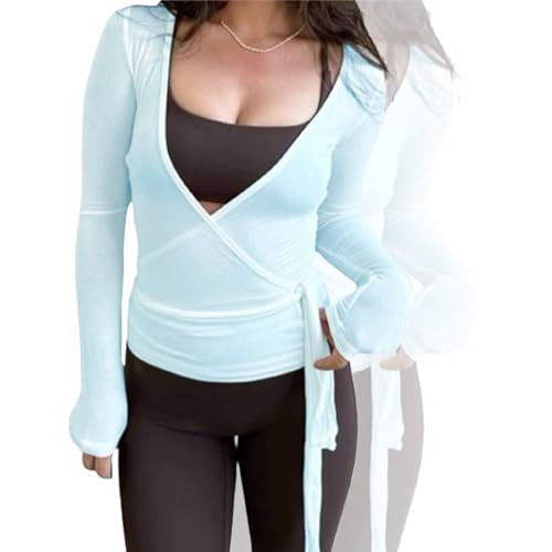 Pilates Wrap Tie Shirt Tops for Women Long Sleeve Ballet Ties Top Dance Ballerina Cover Up Top Yoga Workout Blouse (1pcs-B,M)