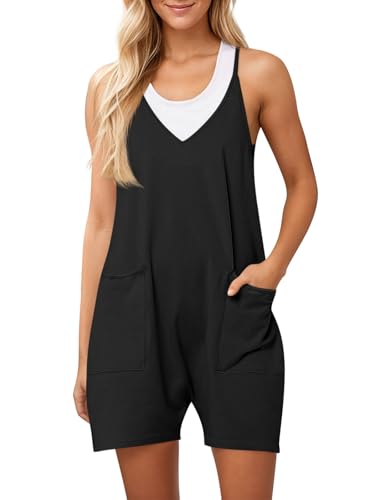 Ebifin Damen Latzhose Kurz Arbeitshose Sommer Lose Overall Jumpsuit Ärmelloser Latzhosen mit Große Taschen.Schwarz.L