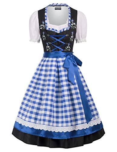 SCARLET DARKNESS 3 TLG Kleid, Bluse, Schürze für Bierfest Spitzenkleid Blau Weiß Plaid M