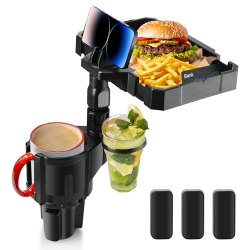 Bvdfgk Auto Getränkehalter Tablett - 4 in 1 Getränkehalter Expander mit Erweiterbarem Essenstablett und 360° Telefonhalter für Reisen im Auto