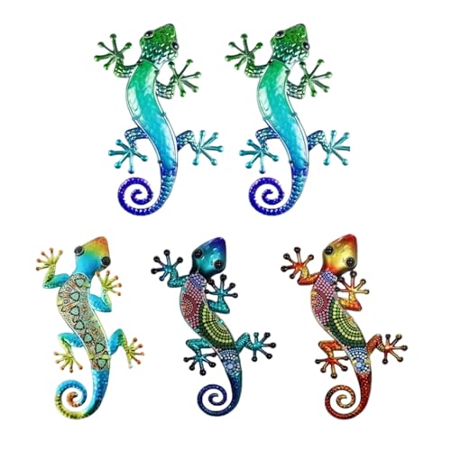 Gecko Wandkunst, 5-teiliges Eidechsen-Garten-Skulptur-Set, bunte, nicht verblassende Metall-Tierfiguren, lebendige Outdoor-Dekoration für Terrasse, Hof, Haus, Garten, 8 x 5 cm
