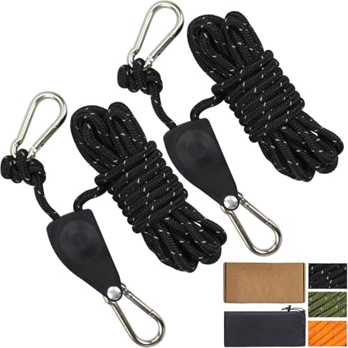 Cveenk 2 Stück 13ft/4M Reflektierend Abspannseile mit Seilspanner, Φ 4mm Nylonschnur Zeltschnur Spannschnur Camping Seil mit Verstellbarer Seilratsche für Zelt Sonnensegel Zeltplane Camping (Schwarz)