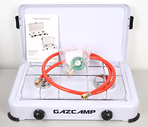 binoa Gazcamp Gaskocher Campingkocher 2,4 kW 50 mBar Edelstahl mit Deckel 1/4" Linksgewinde-Anschluss mit Schlauch 80 cm und Regler 50 mBar Flüssiggas Kocher Herd Camping Outdoor