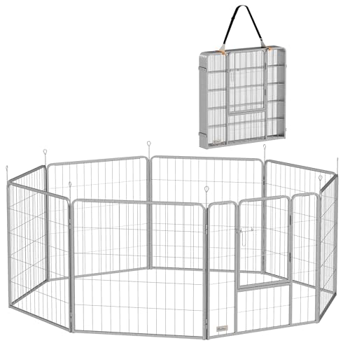 PawHut Welpenauslauf 80 cm Hoch, 8-TLG Hundelaufstall Welpenlaufstall mit Gurt und Tür, Freilaufgehege für kleine bis mittelgroße Hunde, Meerschweinchen, Kaninchen, Stahl, Silber