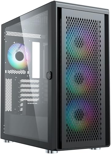 Silentware Air 100 Midi Tower PC-Gehäuse, Große Metall Mesh-Front, gehärtetes Glas-Seitenfenster, 4x 120mm A-RGB Hydro-Lager Lüfter, GPU bis 383mm, abnehmbarer Mesh Deckel, ATX Netzteil, Schwarz