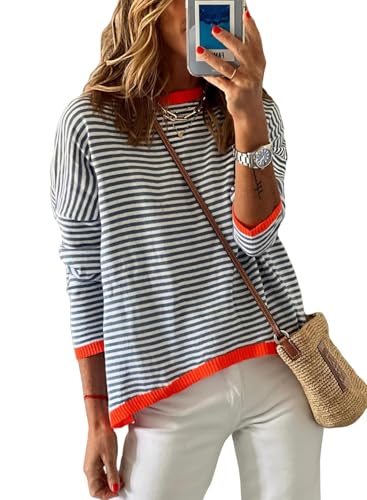 Cuptacc Pullover Damen Herbst Gestreiftes Langarmshirt Damen Baumwolle Pulli Rundhals Baumwolle Oberteile Dunkelblau Groß L 42-44