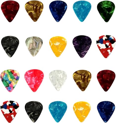 Plektren Set, 20 Stück Celluloid Picks für Akustik, Klassische, E-Gitarre und Ukulele - 4 Verschiedene Stärken: 0,46/0,71/0,81/0,96 mm