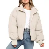 Lapirek Damen Puffer Jacke Kurz Schwarz Beige Winter Warm Gesteppte Dicke Winterjacke Winter Warm Ubergangs Damen-Jacken Outdoor Langarm-Baumwolljacke Jacken füR Damen (Beige, M)