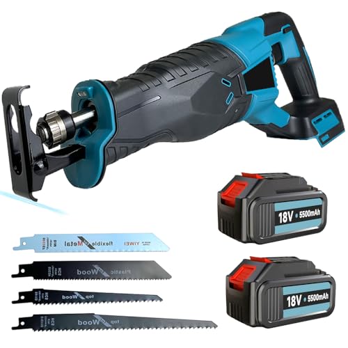 Akku-Säbelsäge mit 2 5,5Ah Akkus, kompatibel mit Makita 18V Akku BL1850b DJR186ZK, mit 4 Sägeblättern, 3500 U/min, säbelsägen mit variabler Geschwindigkeit zum Schneiden von Holz, Metall und PVC