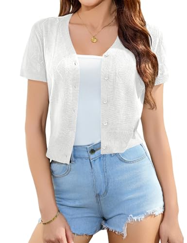 Totatuit Damen Strickjacke Bolero Kurzarm Sommerjacke Baumwolle Leicht Elegant Bolerojacke für Party Weiß M