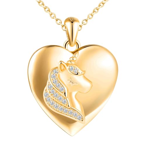 MICSAVI Medaillon Einhorn kette silber 925 für damen mädchen kinder, Foto medaillon zum öffnen für bilder personalisierte, Herz anhänger mit zirkonia, Silberkette 50cm