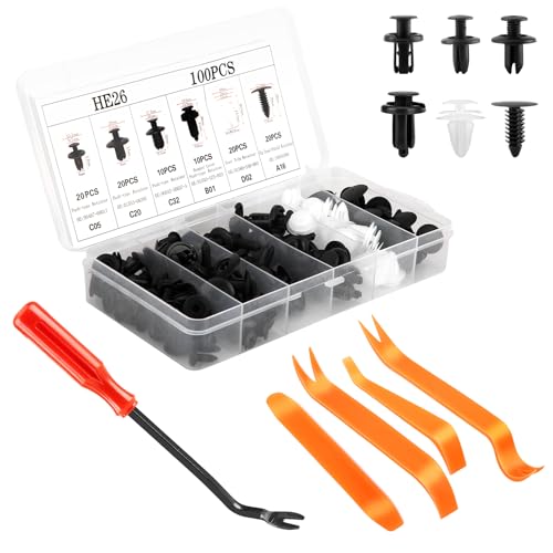 105 Stück Befestigungsclips set, 6 Größen Spreiznieten, kunststoffschrauben, auto clips und 5 Stück Autoschraubenentfernungswerkzeug für die meisten Modelle.