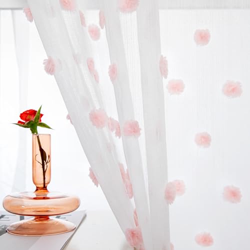 MYSKY HOME Vorhänge mit Ösen Gardinen Kurz Wohnzimmer Vorhang Transparent Dekoration für Wohnzimmer Kinderzimmer Schöne Gardine 2er Set Modern Schlafzimmer Ösenvorhang, H 160 x B 140 cm, Rosa