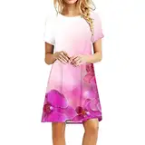 Damen Kleid Damen Sommer Kurzarm Rundhals T-Shirt Kleid Casual Swing Fashion Blumendruck Kleid Blumendruck Kleid (Pink, XXL)