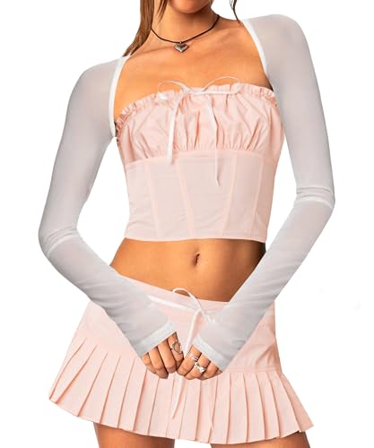Navneet Bolero Damen Spitzen Oberteile Mesh Boleros Jacke Langarm Durchsichtig Crop Tops Y2K Festlich Sommer Herbst Weiß S