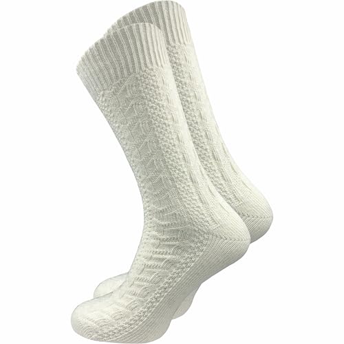 GAWILO kurze Damen Merino Trachtensocken (1 Paar) mit Zopfmuster | Trachtenstrümpfe | Schoppersocken mit Komfortbund aus Wolle (DE/NL/SE/PL, Numerisch, 39, 42, Regular, Regular, Natur)