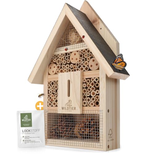 wildtier liebe Insektenhotel Groß, Bienenhotel unbehandelt inkl. Lockstoff I Geschraubtes Massivholz, Insektenhaus für Bienen, Marienkäfer & Schmetterlinge, Bienenhotel